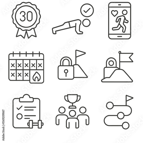 Fitness Challenge Icons. Outline style icons of Fitness Challenges: 30-day challenge badge, push-up goal, run tracker icon, streak