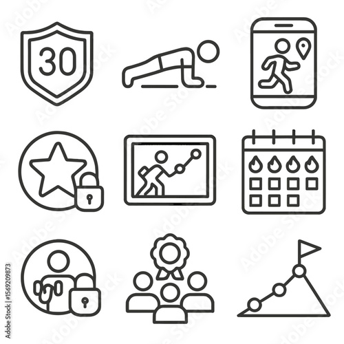 Fitness Challenge Icons. Outline style icons of Fitness Challenges: 30-day challenge badge, push-up goal, run tracker icon, streak