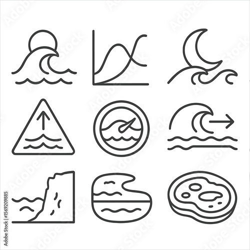 Marine Forces Icons. Outline style icons of Tidal Patterns and Marine Forces: high tide icon, tide chart, moon tide influence,