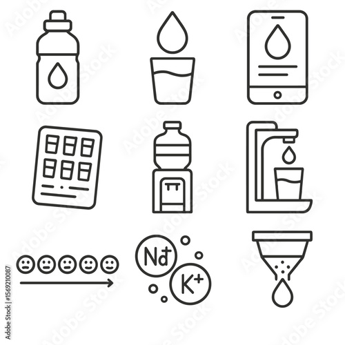 Hydration Icons Collection. Outline style icons of Hydration and Water Health: water bottle, droplet glass icon, hydration