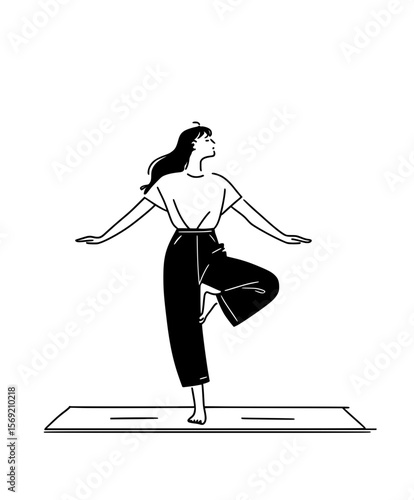Woman finding balance and calm, simple black and white wellness and mindfulness sketch.