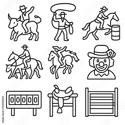 Rodeo Event Icons. Outline style icons of Rodeo Events: bull riding, lasso throw, barrel racing, calf roping, bronco bucking,