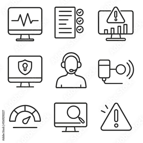 System Monitoring Icons. Outline style icons of System Monitoring: heartbeat icon on screen, activity logs, alert dashboard,