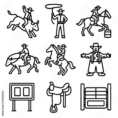 Rodeo Event Icons. Outline style icons of Rodeo Events: bull riding, lasso throw, barrel racing, calf roping, bronco bucking,