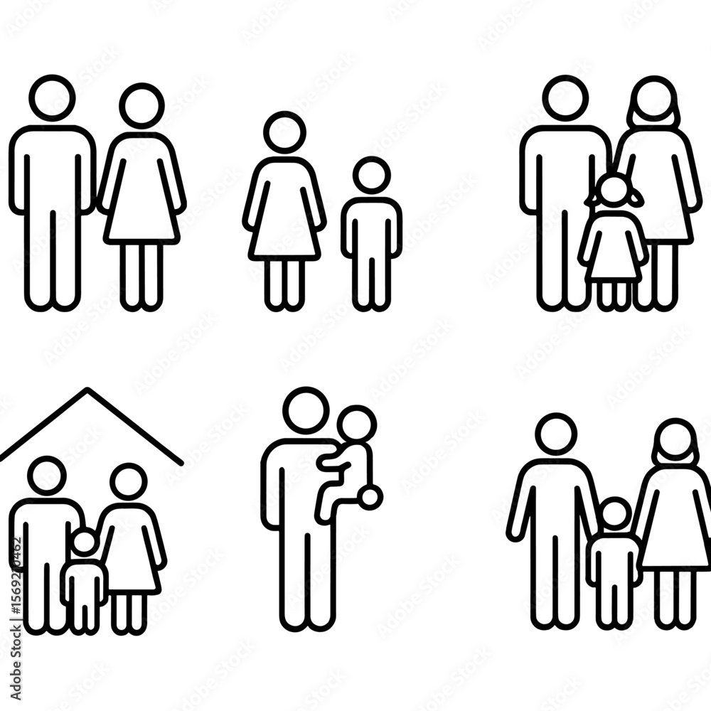 Outline Family Icons. Outline style icons of Nuclear Family: father figure, mother figure, son, daughter, parents with children, Outline Family Icons. Outline style icons of Nuclear Family: father figure, mother figure, son, daughter, parents with children,