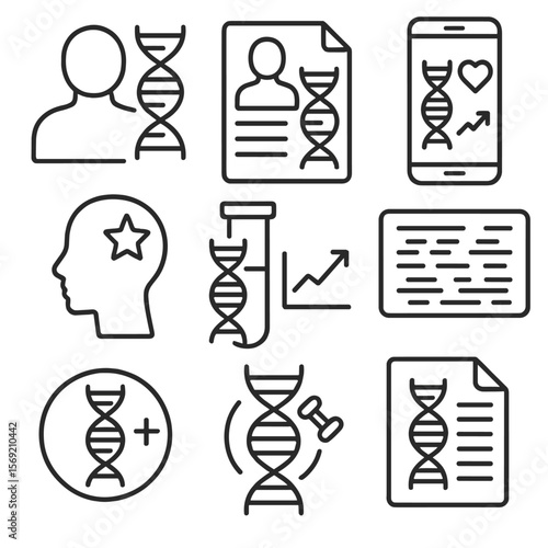 Personalized Genomics Icons. Outline style icons of Personalized Genomics: user with helix, personal trait icon, tailored