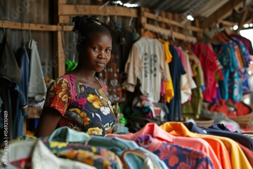 Fototapeta Naklejka Na Ścianę i Meble -  Young african shopkeeper woman working in her small business selling colorful clothes in a local market