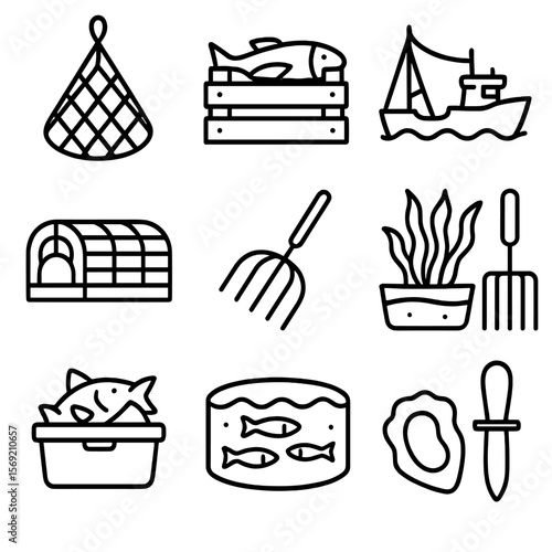 Marine Harvest Icons. Outline style icons of Marine Food Harvesting: fishing net, fish crate, trawler boat, lobster trap, clam