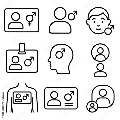 Gender Identity Icons. Outline style icons of Identity Representation: gender identity card, user icon with gender sign, face with