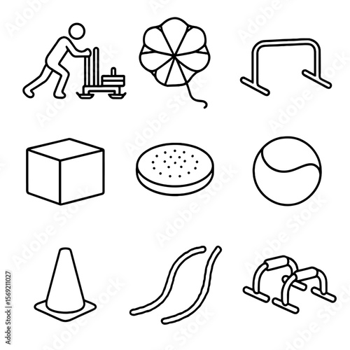 Baseball Training Icons. Outline style icons of Baseball Conditioning Gear: sled push, resistance parachute, agility hurdle, plyo