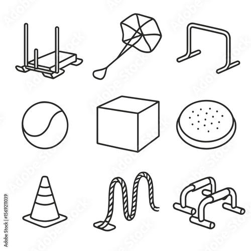 Baseball Training Icons. Outline style icons of Baseball Conditioning Gear: sled push, resistance parachute, agility hurdle, plyo