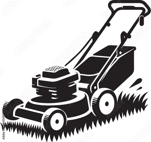 Man pushing an old green lawn mower silhouette.