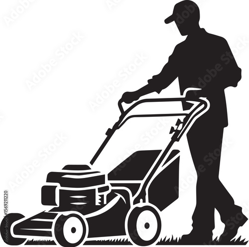 Man pushing an old green lawn mower silhouette.