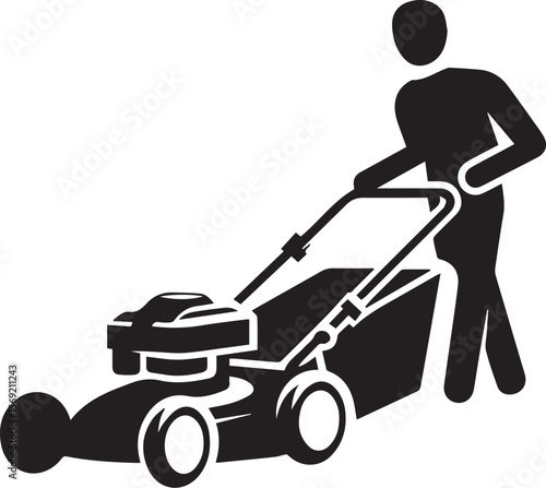 Man pushing an old green lawn mower silhouette.