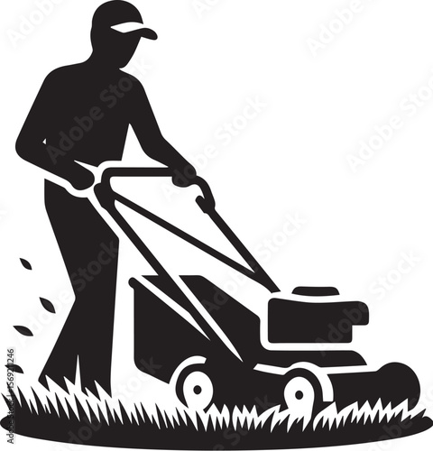 Man pushing an old green lawn mower silhouette.