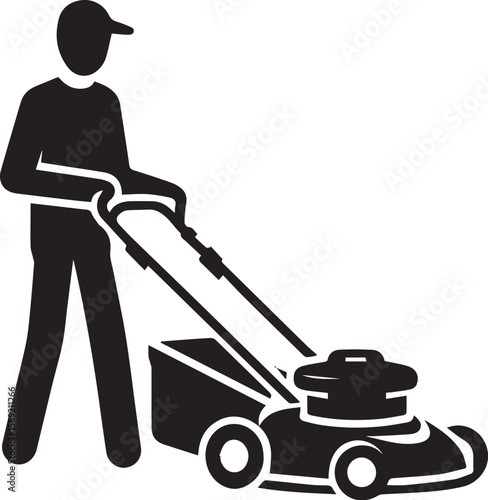 Man pushing an old green lawn mower silhouette.