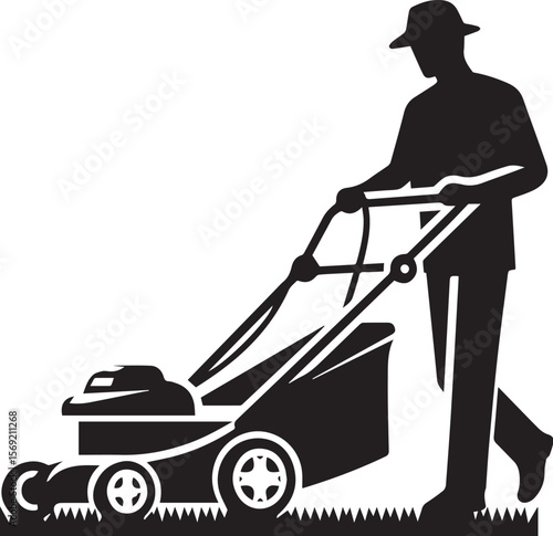 Man pushing an old green lawn mower silhouette.