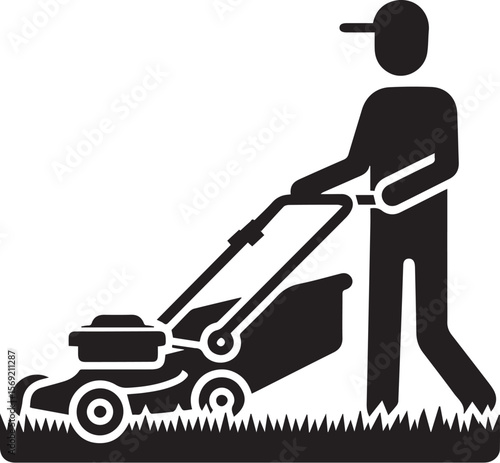 Man pushing an old green lawn mower silhouette.