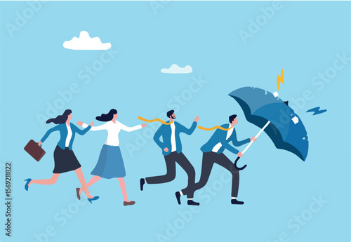 Protective leader, courage or leadership to protect team colleagues, aspiration or support for employee to solve problem and get through crisis, adversity, risk or organization thunderstorm problem