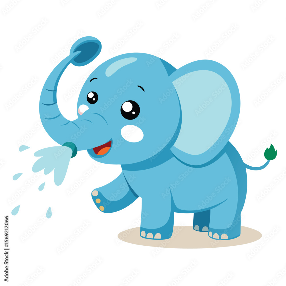Fototapeta premium A happy baby elephant is spraying water from its trunk, symbolizing playfulness, joy, and the fun of summer.