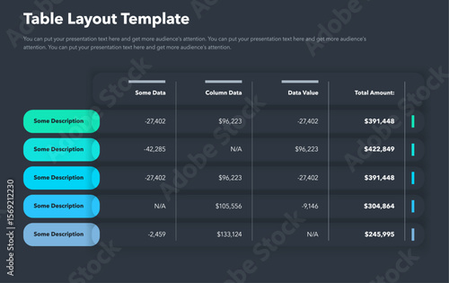 Table layout template with five options and a total amount column - dark version. Simple flat template for project data visualization.