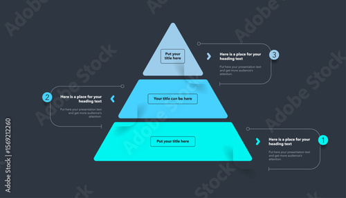 Triangle pyramid chart template with three colorful stages - dark version. Infographic diagram divided into three options with numbers.