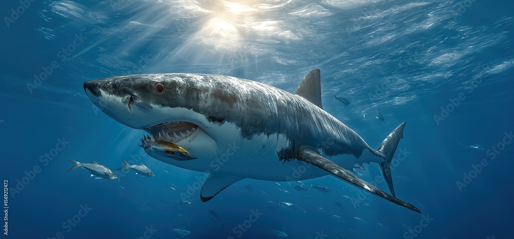 Fototapeta premium Great White Shark Swimming Among School of Fish Under Sunlit Ocean Waters