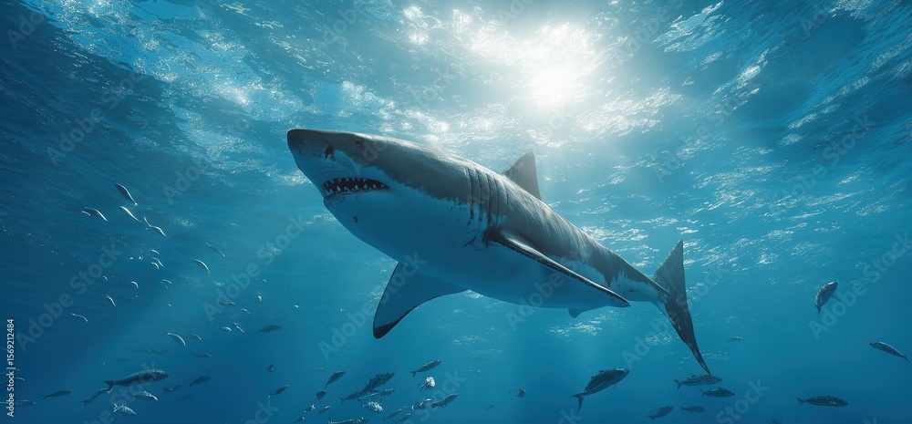Fototapeta premium Great White Shark Swimming Among School of Fish Under Sunlit Ocean Waters
