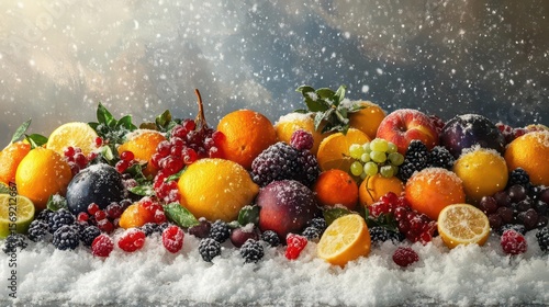 A vibrant display of assorted fruits dusted with snow, creating a wintery, festive atmosphere.