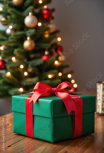 Wallpaper Mural Green Present with Red Bow by Christmas Tree, Wooden Table, and Ample Text Space for Holiday Banner Design Torontodigital.ca