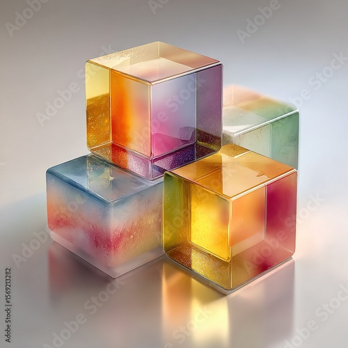 Geometric 3D abstract composition with glossy metallic surface and soft gradient colors, floating shapes in isometric perspective casting soft shadows, illuminated by professional studio lighting.