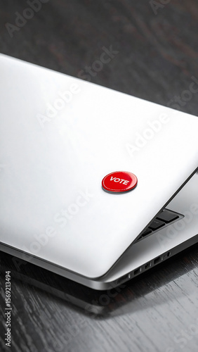 Closeup of a red Vote sticker on a modern laptop, symbolizing civic duty and technologys role in democracy. Perfect for political campaigns, news, and social media.