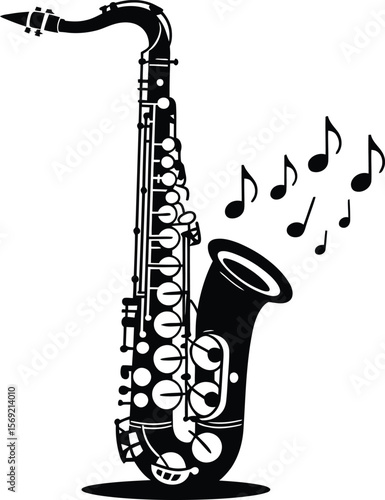 Vector Black Saxophone with Music Notes: Musical Instrument Graphic.