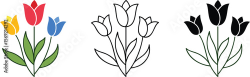 Vector art of three tulip bouquets in different color schemes isolated on white background