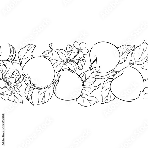 Apple Branch with Flowers, Fruits and Leaves Horizontal Seamless pattern