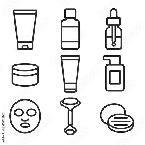 Skincare Icons Collection. Line style icons of Daily Skincare Routine: gel cleanser tube, toner bottle, serum dropper, eye cream