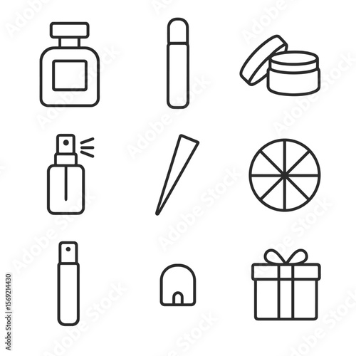 Fragrance Wardrobe Icons. Line style icons of Fragrance Wardrobe: eau de parfum bottle, rollerball vial, solid perfume tin, sample