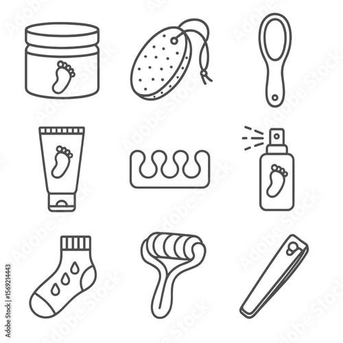 Foot Care Icon Set. Line style icons of Foot Care Essentials: foot scrub jar, pumice stone, foot file, heel balm tube, toe