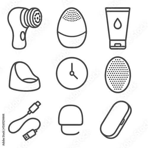 Facial Cleansing Icons. Line style icons of Facial Cleansing Brushes: rotating brush device, silicone brush head, cleansing gel