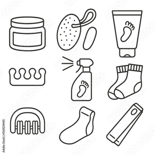 Foot Care Icon Set. Line style icons of Foot Care Essentials: foot scrub jar, pumice stone, foot file, heel balm tube, toe