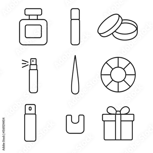 Fragrance Wardrobe Icons. Line style icons of Fragrance Wardrobe: eau de parfum bottle, rollerball vial, solid perfume tin, sample
