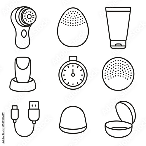 Facial Cleansing Icons. Line style icons of Facial Cleansing Brushes: rotating brush device, silicone brush head, cleansing gel