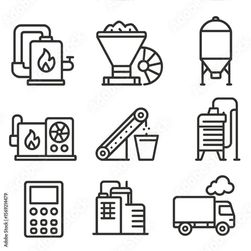 Biomass Energy Icons. Line style icons of Biomass Energy Facilities: biomass boiler, feedstock hopper, steam turbine, ash silo,