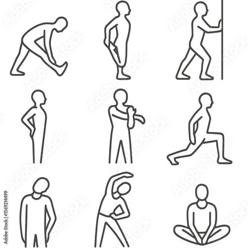 Stretching Routine Icons. Line style icons of Stretching Routine: hamstring stretch, quad stretch, calf stretch, chest opener,