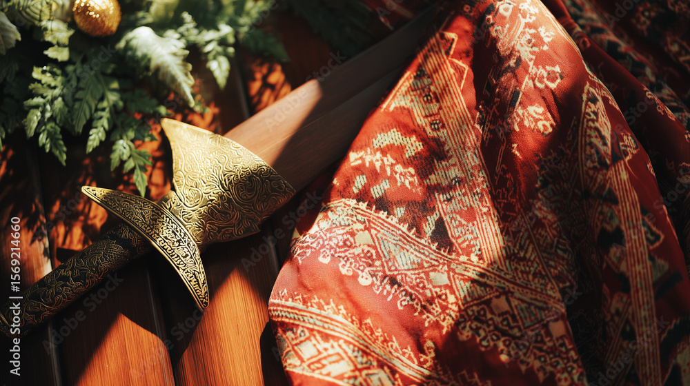 Naklejka premium Red-and-white batik textile beside a traditional keris dagger, celebrating Indonesian Independence Day with cultural pride.