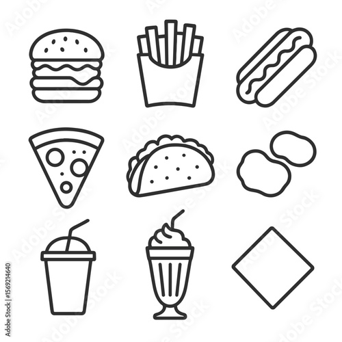 Line Style Fast Food. Line style icons of Fast Food Classics: burger, fries container, hot dog, pizza slice, tacos, chicken nugget