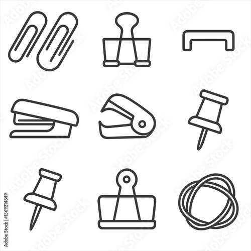 Office Fasteners Icons. Line style icons of Fasteners: paperclip set, binder clip, staple, stapler, staple remover, push pin,