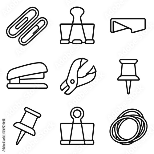 Office Fasteners Icons. Line style icons of Fasteners: paperclip set, binder clip, staple, stapler, staple remover, push pin,