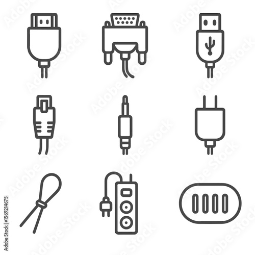 Cable Connectivity Icons. Line style icons of Cable & Connectivity: HDMI cable, VGA adapter, USB cable, ethernet cable, audio