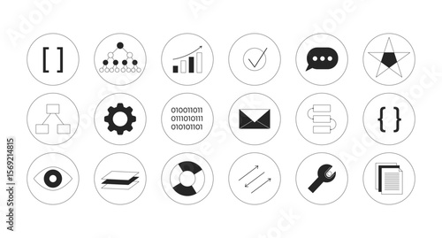 Technology and data 2D line round stickers objects set. Coding, charts, data structure, tools, ui components isolated circle cliparts vector ink outline items. Monochrome spot illustrations collection